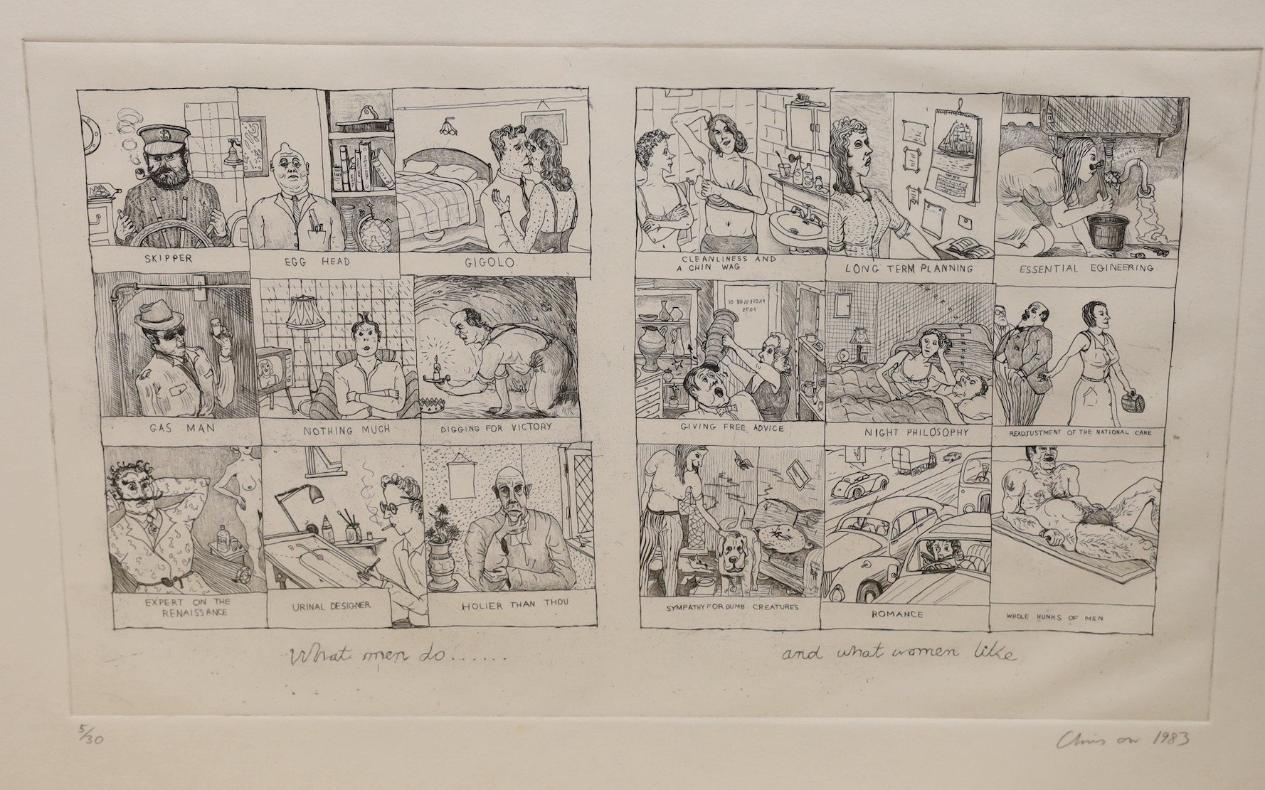 Chris Orr (1943-), etching, 'What men do ... and What women like...', signed and dated 1983, 5/30, overall 57 x 76cm